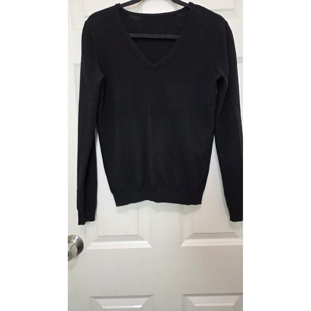 WoolOvers V-Neck Sweater Womens S Black Merino Wool Cashmere Blend Knit Top